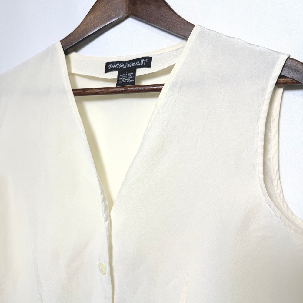 Savannah Womens Cream 100% Silk Lined Button Front V-Neck Vest Top Size Large